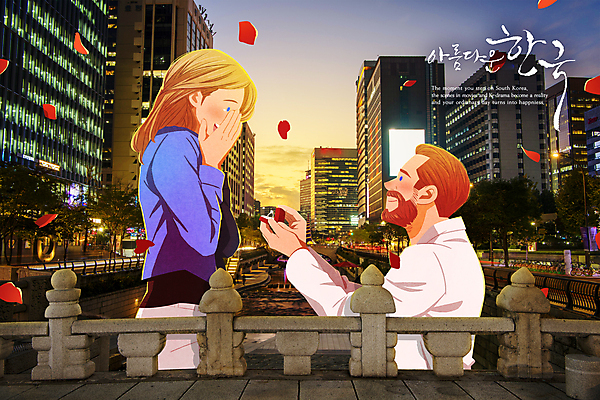 PSD 외국인 커플 여자 남자 꽃잎 여행 프로포즈 일러스트 상반신 성인 두명 여행객 청계천 손모으기 입가림 국내여행 성인만 국내일러스트 꽃 관계 서울 사람 인종 손짓 강 가림 랜드마크 파일형식