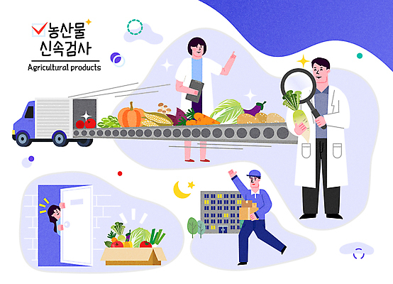 전신 여자 남자 채소 일러스트 돋보기 들기 여러명 성인 파란색 농작물 상자 손들기 걷기 트럭 변화 배송 택배 검사_조사 정책 성인만 국내일러스트 AI파일 컬러 다수 컨셉 농업 모션 자동차 사람 운송업 파일형식 벡터