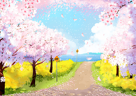 PSD 꽃잎 길 일러스트 봄꽃 자연 풍경 사람없음 봄 벚꽃 표지판 벚나무 국내일러스트 나무 계절 꽃 알림판 생태계 파일형식