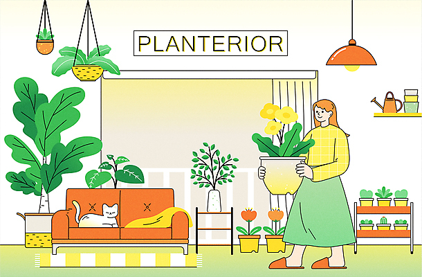 전신 식물 여자 화분 일러스트 한명 들기 성인 연두색 소파 노란색 고양이 성인여자한명만 플랜테리어 국내일러스트 AI파일 1 컬러 의자 포유류 모션 사람 초록색 반려동물 인테리어 여자한명만 성인여자만 파일형식 벡터