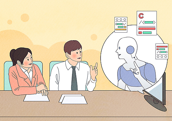 PSD 여자 남자 일러스트 말하기 대화 상반신 성인 두명 가리킴 비즈니스맨 비즈니스우먼 로봇 소통 성인만 채팅봇 AI_인공지능 국내일러스트 컨셉 비즈니스 모션 사람 손짓 직장인 파일형식