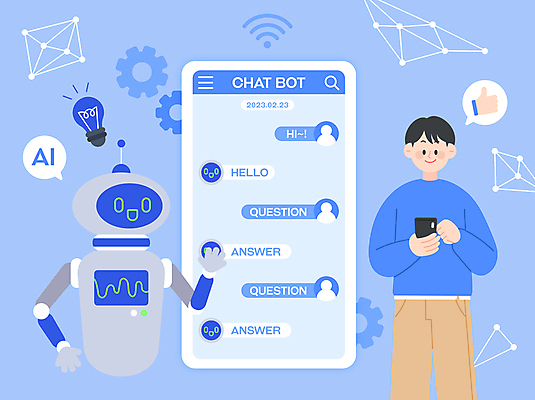 남자 일러스트 전구 모바일 대화 한명 들기 상반신 성인 파란색 스마트폰 로봇 와이파이 소통 문자메시지 채팅 성인남자한명만 채팅봇 AI_인공지능 국내일러스트 AI파일 1 컬러 컨셉 모션 말하기 사람 핸드폰 스마트기기 메시지 무선인터넷 남자한명만 성인남자만 파일형식 벡터