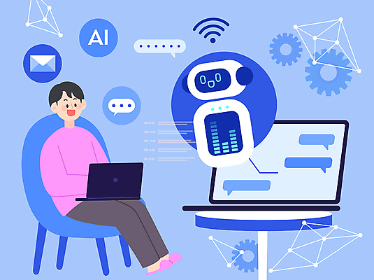 전신 남자 말풍선 일러스트 대화 한명 앉기 성인 파란색 노트북 로봇 와이파이 소통 채팅 성인남자한명만 채팅봇 AI_인공지능 국내일러스트 AI파일 1 컬러 컨셉 모션 말하기 사람 전자제품 무선인터넷 남자한명만 성인남자만 파일형식 벡터