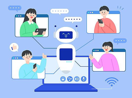여자 남자 일러스트 말하기 대화 들기 여러명 상반신 성인 파란색 노트북 로봇 와이파이 따봉 소통 채팅 화상통화 성인만 채팅봇 AI_인공지능 국내일러스트 AI파일 컬러 다수 컨셉 모션 사람 전자제품 최고 무선인터넷 통화 파일형식 벡터