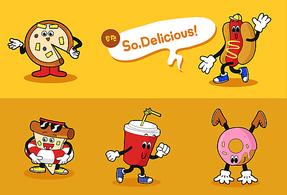 캐릭터 음식 허리손 말풍선 일러스트 피자 미소 들기 사람없음 선글라스 노란색 손들기 걷기 인사 도넛 물구나무 콜라 튜브 핫도그 맛있는 일러캐릭터 AI파일 안경 컬러 포즈 모션 디저트 패스트푸드 서양음식 표정 예절 탄산음료 파일형식 벡터