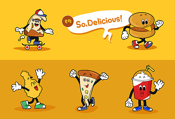 캐릭터 음식 말풍선 일러스트 팔벌리기 피자 웃음 사람없음 노란색 걷기 치킨 만세 햄버거 인사 스케이트보드 손인사 쉐이크 맛있는 일러캐릭터 AI파일 음료 컬러 모션 패스트푸드 서양음식 표정 예절 보드_스포츠 닭고기요리 파일형식 벡터