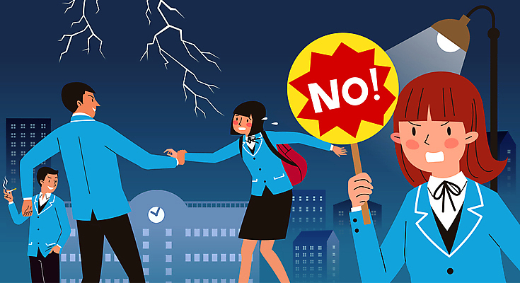 전신 학생 여자 남자 교복 가로등 일러스트 학교 청소년 담배 경고 들기 여러명 건물 팻말 금지 당기기 번개 성범죄 피해자 학교폭력 십대만 가해자 국내일러스트 AI파일 건축물 옷 공공시설 교육 다수 모션 날씨 프레임 사람 피해 폭력 범죄 파일형식 벡터