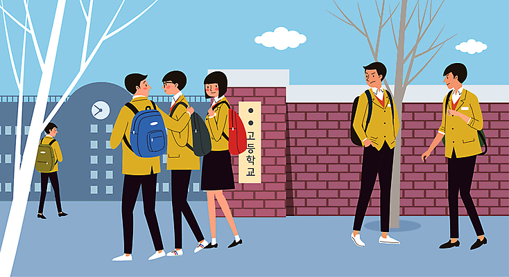 전신 나무 학생 여자 남자 일러스트 학교 청소년 여러명 걷기 보호 주머니손 등교 노려봄 무시 피해자 학교폭력 십대만 어깨에손 가해자 국내일러스트 AI파일 식물 교육 다수 컨셉 모션 표정 사람 피해 폭력 등하교 파일형식 벡터