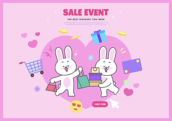 캐릭터 분홍색 두마리 일러스트 윙크 들기 사람없음 선물상자 상자 쇼핑백 세일 동전 쇼핑카 하트 토끼 신용카드 결제 커서 이모티콘 일러캐릭터 AI파일 모양 컬러 돈 2 가방 포유류 모션 표정 선물 금융 반려동물 쇼핑 카트 파일형식 벡터