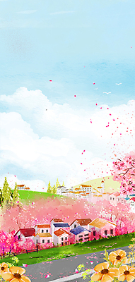 PSD 구름 꽃잎 일러스트 봄꽃 하늘 주택 풍경 사람없음 마을 봄 벚꽃 벚나무 국내일러스트 자연요소 나무 계절 꽃 건물 파일형식