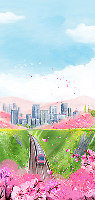 PSD 구름 꽃잎 일러스트 하늘 산 풍경 사람없음 봄 기찻길 기차 벚꽃 도시 빌딩숲 꽃길 국내일러스트 자연요소 계절 꽃 길 육상교통 대중교통 빌딩 파일형식