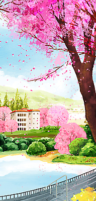 PSD 구름 일러스트 하늘 산 주택 풍경 사람없음 계단 정원 봄 벚꽃 풀 벚나무 국내일러스트 자연요소 나무 식물 계절 꽃 건물 파일형식