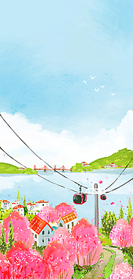 PSD 바다 일러스트 조류 산 주택 풍경 사람없음 봄 벚꽃 벚나무 케이블카 새떼 가교 국내일러스트 나무 동물 건축물 계절 꽃 건물 파일형식