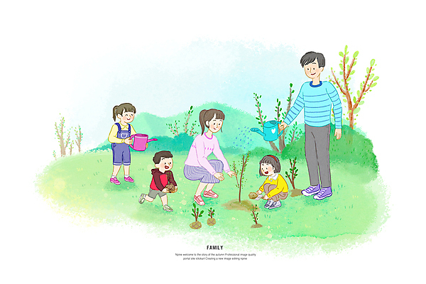 전신 PSD 여자 남자 어린이 일러스트 가족 들기 앉기 소녀 소년 초원 여러명 성인 봄 물뿌리개 물주기 나무심기 묘목 국내일러스트 나무 계절 다수 관계 모션 사람 심기 파일형식