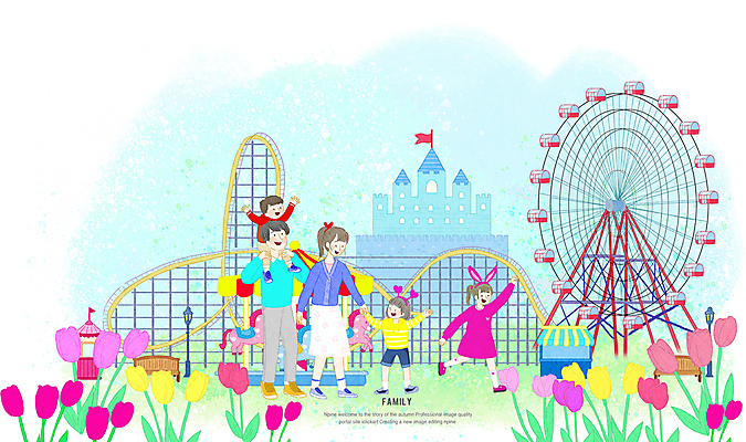 전신 PSD 여자 남자 어린이 일러스트 가족 소녀 소년 여러명 성인 소풍 손들기 걷기 손잡기 봄 만세 놀이공원 튤립 가리킴 성 목말 대관람차 롤러코스터 국내일러스트 건축물 계절 꽃 다수 관계 모션 사람 손짓 야외활동 테마파크 놀이기구 파일형식