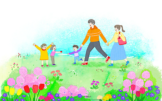 전신 PSD 여자 남자 어린이 일러스트 가족 미소 소녀 소년 초원 여러명 성인 걷기 손잡기 봄 산책 만세 튤립 강가 제비꽃 주기 수국 국내일러스트 계절 꽃 다수 관계 모션 휴식 표정 사람 강 파일형식