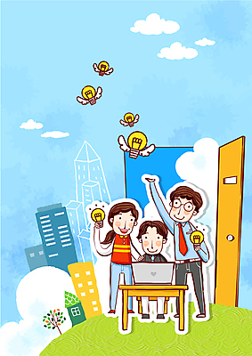 전신 여자 남자 일러스트 회사 전구 서기 들기 앉기 성인 건물 세명 파란색 노트북 손들기 문 천사날개 성인만 어깨에손 국내일러스트 AI파일 건축물 컬러 날개 비즈니스 모션 천사 사람 전자제품 파일형식 벡터