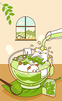 캐릭터 엎드리기 여행 잎 밭 일러스트 창문 주전자 앉기 사람없음 컵 초록색 수건 숟가락 고양이 봄 붓기 개 조각케이크 가루 녹차 녹차가루 녹차티백 일러캐릭터 AI파일 식물 식기 계절 컬러 농업 포유류 모션 주방용품 수저 차_음료 반려동물 위생용품 케이크 티백 파일형식 벡터