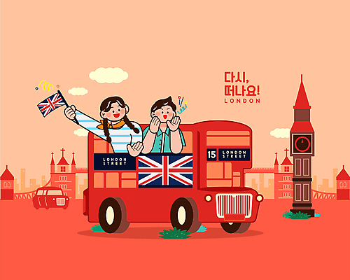 여자 남자 해외여행 일러스트 자동차 상반신 성인 두명 건물 외침 깃발 타워브릿지 흔들림 런던 빅벤 이층버스 가교 성인만 국내일러스트 AI파일 해외 건축물 육상교통 여행 모션 영국 버스 사람 소리 시계탑 파일형식 벡터