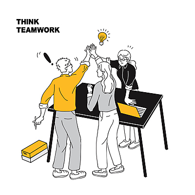 전신 여자 남자 일러스트 비즈니스 탁자 협력 성인 세명 토론 하이파이브 손뻗기 전구모양 성인만 국내일러스트 AI파일 모양 가구 전구 모션 사람 손짓 파일형식 벡터