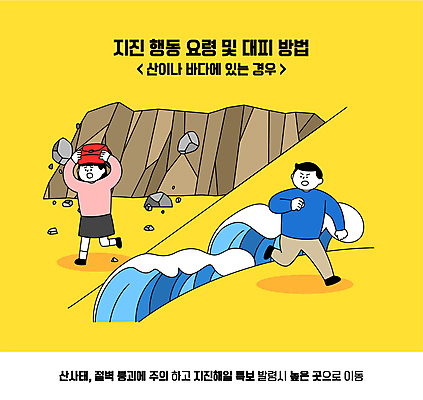 전신 여자 남자 파도 가방 일러스트 산 들기 성인 두명 달리기 노란색 바위 잡기 떨어짐 탈출 대피 머리보호 산사태 지진 해일 성인만 행동요령 국내일러스트 AI파일 잡화 바다 컬러 컨셉 모션 안전 사람 돌_바위 자연재해 파일형식 벡터