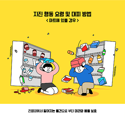 전신 여자 남자 일러스트 들기 성인 두명 노란색 손상 떨어짐 보호 무릎꿇기 장바구니 진열장 마트 머리보호 지진 성인만 행동요령 국내일러스트 AI파일 컬러 컨셉 모션 안전 사람 쇼핑 바구니 상점 자연재해 파일형식 벡터