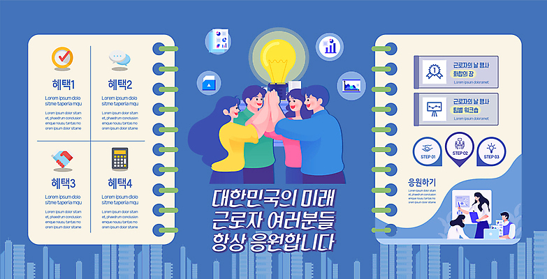 템플릿 여자 남자 포스터 전구 응원 노동자 여러명 상반신 성인 파란색 직장인 하이파이브 손모으기 근로자의날 성인만 포스터템플릿 혜택 이미지템플릿 AI파일 직업 기념일 컬러 다수 사람 손짓 파일형식 벡터