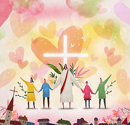 전신 PSD 여자 남자 기독교 어린이 분홍색 일러스트 사랑 소녀 소년 여러명 성인 교회 손들기 평화 믿음 손잡기 희망 하트 예수 하나님 국내일러스트 모양 감정 종교 컬러 다수 컨셉 종교건축 모션 사람 건물 신_종교 파일형식