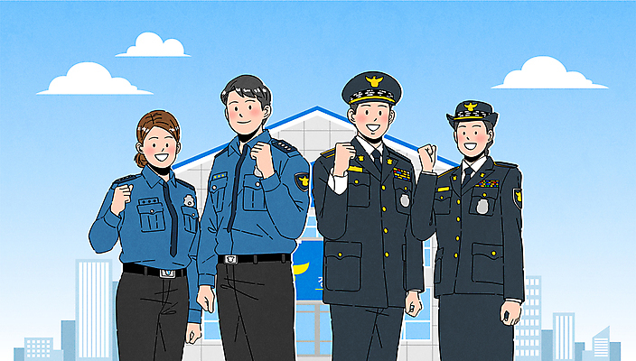 여자 남자 하늘색 일러스트 여러명 상반신 성인 손들기 파이팅 주먹 경찰복 경찰서 정복 성인만 국내일러스트 AI파일 다수 유니폼 모션 사람 파란색 경찰 파일형식 벡터