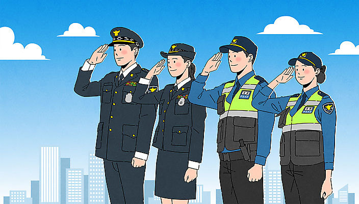 여자 남자 일러스트 여러명 상반신 성인 파란색 경찰 경찰복 거수경례 정복 성인만 국내일러스트 AI파일 직업 컬러 다수 유니폼 사람 경례 파일형식 벡터