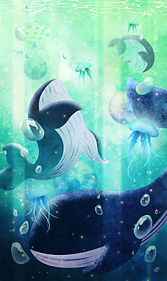 PSD 일러스트 상상 사람없음 빛 판타지 수중 수영 꿈 자유 물방울 고래 해파리 몽환 국내일러스트 컨셉 포유류 수중동물 수상스포츠 자포동물 파일형식