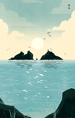 PSD 구름 바다 섬 하늘색 일러스트 하늘 사람없음 빛 돌_바위 바위 질감 독도 국내일러스트 자연요소 한국 파란색 파일형식