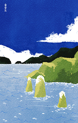 PSD 바다 섬 일러스트 하늘 사람없음 파란색 빛 돌_바위 바위 질감 울릉도 국내일러스트 컬러 경상북도 파일형식