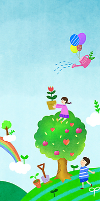 전신 PSD 나무 여자 남자 화분 어린이 일러스트 서기 웃음 들기 앉기 소녀 소년 두명 새싹 봄 물뿌리개 튤립 삽 식목일 물주기 풍선 어린이만 국내일러스트 식물 계절 기념일 꽃 모션 표정 사람 파일형식