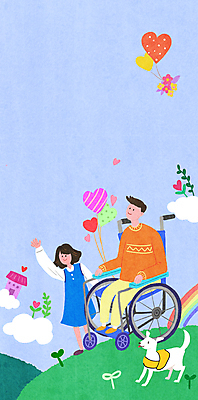 전신 PSD 한마리 여자 남자 하늘색 무지개 일러스트 서기 앉기 성인 두명 손들기 강아지 장애인 휠체어 손인사 하트풍선 장애 안내견 장애인의날 성인만 국내일러스트 자연요소 1 모션 사람 파란색 반려동물 하트 인사 개 풍선 파일형식 법정기념일