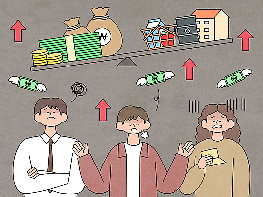 여자 남자 화살표 지폐 일러스트 주택 저울 들기 상반신 성인 세명 경제 손들기 팔짱 동전 시세 돈자루 찡그림 한숨 석유 장바구니 걱정 통장 상승 시민 생활비 위기 성인만 국내일러스트 AI파일 감정 컨셉 돈 모션 표정 사람 건물 금융 쇼핑 바구니 국민 파일형식 벡터