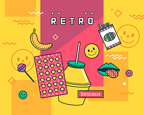 일러스트 바나나 막대사탕 사탕 미소 사람없음 노란색 혀 입술 오브젝트 복고 메롱 이모티콘 바나나우유 불량식품 엘리먼트 국내일러스트 AI파일 컬러 과일 모션 디저트 표정 신체부위 우유 입 파일형식 벡터