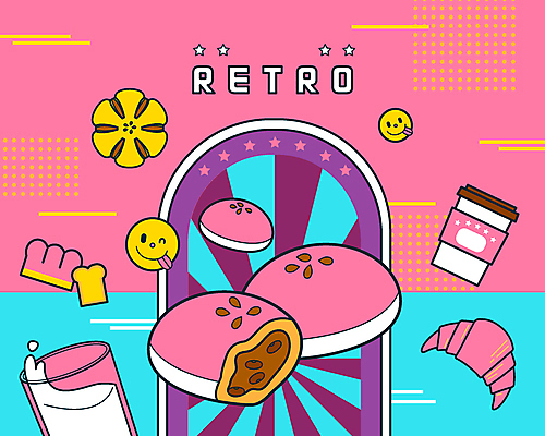 커피 분홍색 일러스트 미소 사람없음 컵 파란색 우유 크루아상 식빵 오브젝트 복고 메롱 단팥빵 엘리먼트 테이크아웃컵 팥빵 국내일러스트 AI파일 식기 음료 빵 컬러 모션 유제품 표정 파일형식 벡터