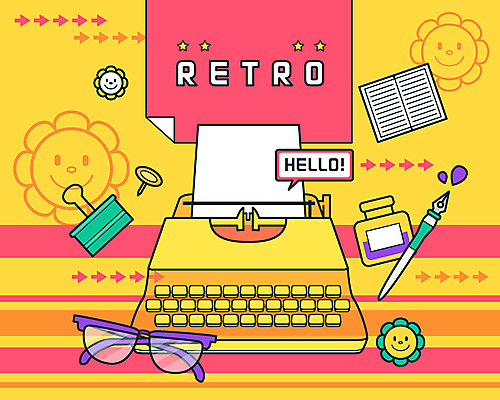 꽃 종이 안경 말풍선 일러스트 잉크 사람없음 책 만년필 노란색 압정 오브젝트 복고 타자기 메모집게 엘리먼트 국내일러스트 AI파일 식물 잡화 컬러 집게 펜 사무용품 골동품 파일형식 벡터