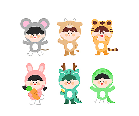 전신 캐릭터 여자 남자 어린이 허리손 일러스트 팔벌리기 들기 소녀 소년 여러명 당근 십이지신 용 토끼 뱀 호랑이 소 쥐 흉내 뒷짐 따봉 여의주 어린이만 일러캐릭터 AI파일 포즈 다수 포유류 파충류 모션 뿌리채소 사람 반려동물 최고 설치류 파일형식 벡터