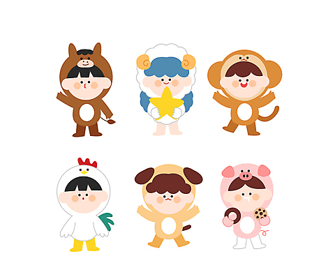 전신 캐릭터 여자 남자 별 어린이 일러스트 팔벌리기 들기 소녀 소년 여러명 손들기 쿠키 십이지신 원숭이 닭 양 말_동물 돼지 개 도넛 어린이만 일러캐릭터 AI파일 자연요소 다수 포유류 모션 조류 디저트 사람 파일형식 벡터
