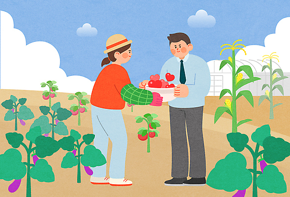 전신 여자 남자 밭 토마토 일러스트 가지 사랑 옥수수 성인 두명 농장 바구니 하트 농촌 주기 비닐하우스 고향 성인만 고향사랑기부제 국내일러스트 AI파일 모양 감정 농업 채소 모션 곡류 사람 시골 정책 제도 파일형식 벡터