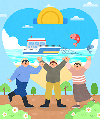 전신 나무 구름 여자 남자 바다 일러스트 사랑 어류 성인 세명 손들기 만세 하트 풀 어선 어촌 고기잡이 고향 성인만 고향사랑기부제 국내일러스트 AI파일 자연요소 모양 식물 감정 배_교통 모션 어업 사람 수중동물 시골 정책 제도 파일형식 벡터