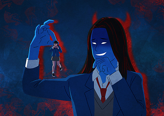 전신 PSD 여자 교복 일러스트 청소년 그림자 상반신 두명 슬픔 악마 학대 괴로움 비웃음 왕따 폭행 피해자 학교폭력 십대여자만 들어올리기 가해자 국내일러스트 옷 감정 모션 표정 사람 피해 폭력 범죄 사회이슈 여자만 십대만 파일형식