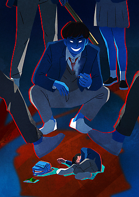 전신 PSD 여자 남자 교복 가방 일러스트 청소년 담배 들기 앉기 여러명 신체부위 책 하반신 슬픔 야구방망이 다리 학대 괴로움 비웃음 왕따 폭행 피해자 학교폭력 십대만 가해자 쓰러짐 국내일러스트 잡화 옷 감정 다수 모션 표정 사람 피해 야구용품 폭력 범죄 사회이슈 파일형식