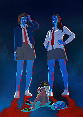 전신 PSD 여자 교복 허리손 가방 일러스트 청소년 고개숙이기 서기 책 세명 손들기 슬픔 상처 학대 괴로움 웅크림 왕따 폭행 피해자 학교폭력 십대여자만 가해자 국내일러스트 잡화 옷 감정 포즈 모션 숙이기 사람 피해 폭력 범죄 사회이슈 여자만 십대만 파일형식