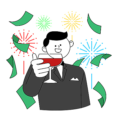 남자 지폐 와인잔 일러스트 성공 폭죽 한명 들기 상반신 성인 와인 비즈니스맨 부자 건배 성인남자한명만 국내일러스트 AI파일 1 컨셉 돈 술잔 비즈니스 모션 주류 사람 직장인 남자한명만 성인남자만 파일형식 벡터