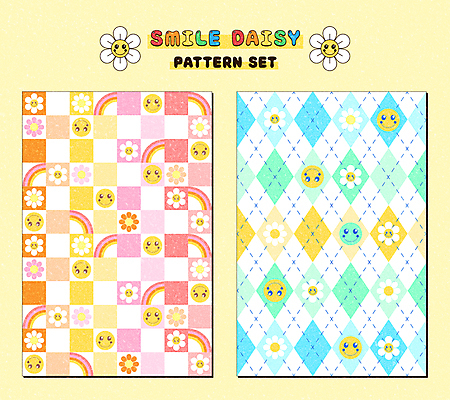 분홍색 백그라운드 스티커 패턴 일러스트 프레임 미소 사람없음 노란색 복고 데이지 팬시 민트색 키치 국내일러스트 AI파일 꽃 컬러 컨셉 무늬 표정 파일형식 벡터