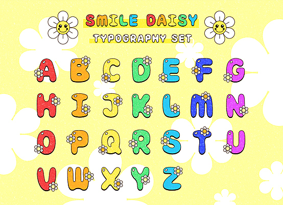 알파벳 영어 백그라운드 일러스트 프레임 미소 타이포그라피 사람없음 노란색 복고 데이지 팬시 무지개색 키치 국내일러스트 AI파일 문자 꽃 컬러 컨셉 표정 컬러풀 파일형식 벡터