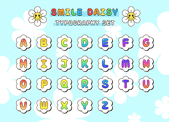 알파벳 영어 하늘색 백그라운드 꽃무늬 일러스트 프레임 미소 타이포그라피 사람없음 복고 데이지 팬시 무지개색 키치 국내일러스트 AI파일 문자 꽃 컨셉 무늬 표정 파란색 컬러풀 파일형식 벡터